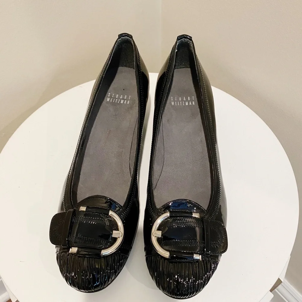Stuart Weitzman Black Patent Buckle Wedge‎ Heels 9